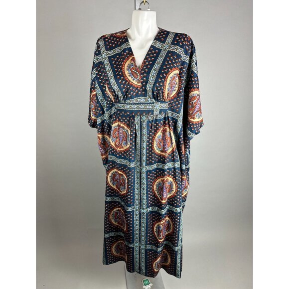 Vtg 70s Paisley Blue Floral Kaftan Muumuu Dress Womens One Size Fits Many - Picture 6 of 8